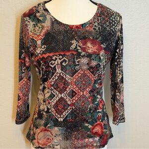 Coldwater Creek Mesh Top XS Boho Floral Geometric Print  Whimsigoth Boho
